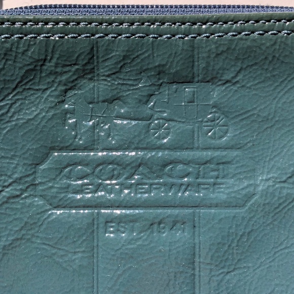 Coach Patent Leather Small Wristlet Wallet Teal Blue Embossed zipper brass plaid - Picture 2 of 7